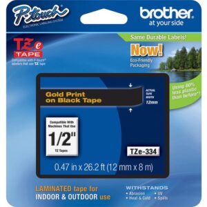 Brother - TZE-334 LAMINATED TAPE 12MM 8M GOLD ON BLACK